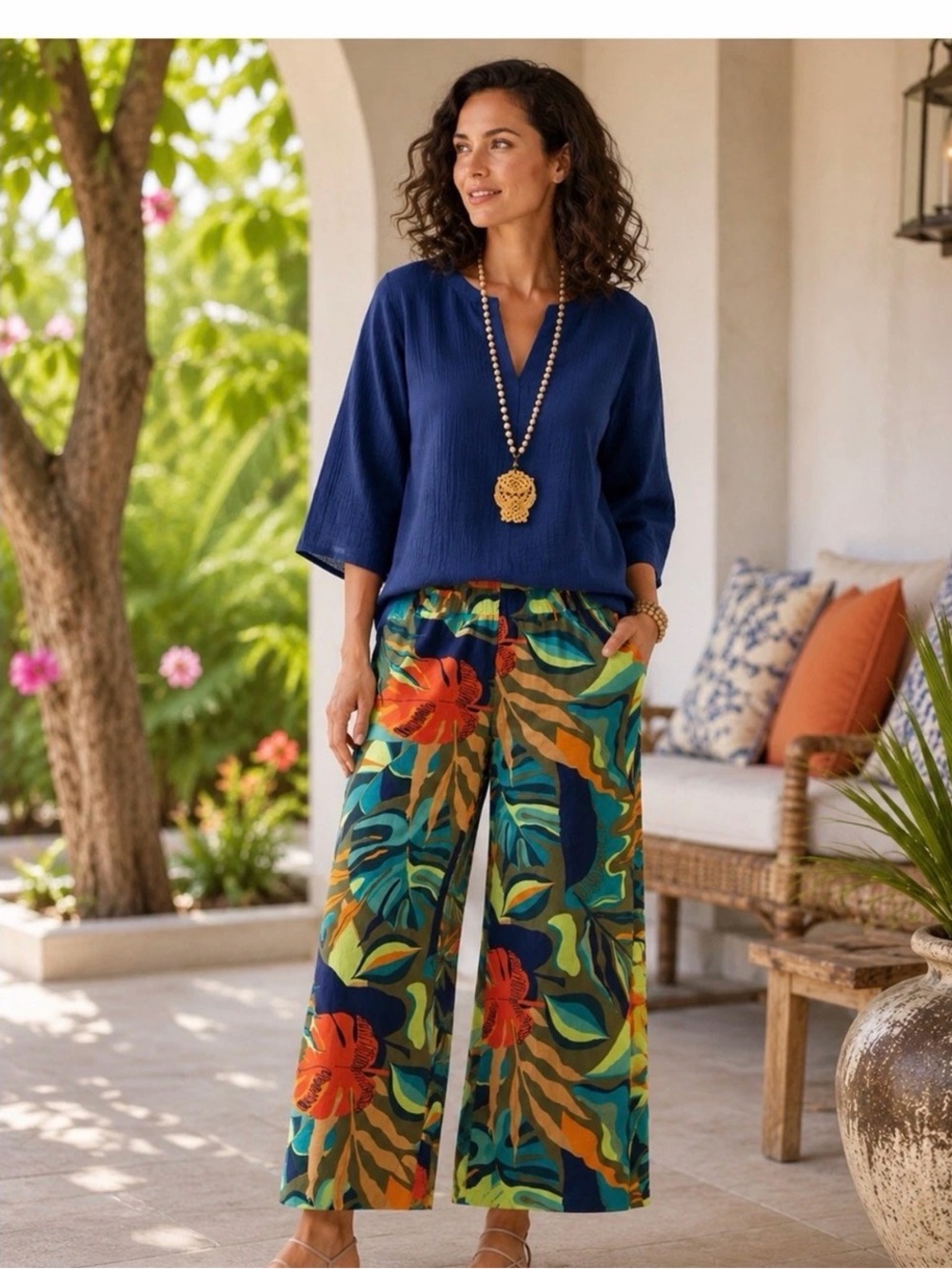 Soft Surroundings Linen Aliso Point Tropical Print Wide Leg Pants- Size M